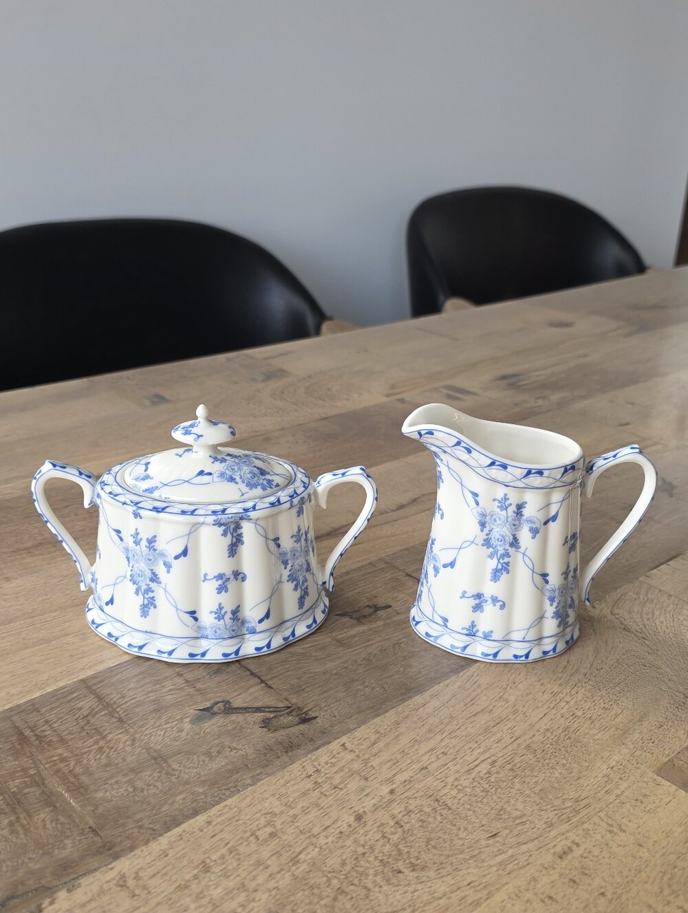 Skye McGhie Rose Brocade Fine Porcelain Sugar Bowl Creamer Set Blue White Floral